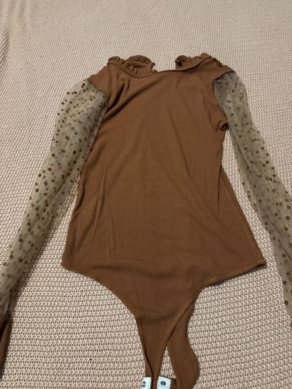 Women’s Brown Long-Sleeve One-Piece with Sheer Polka Dot Sleeves